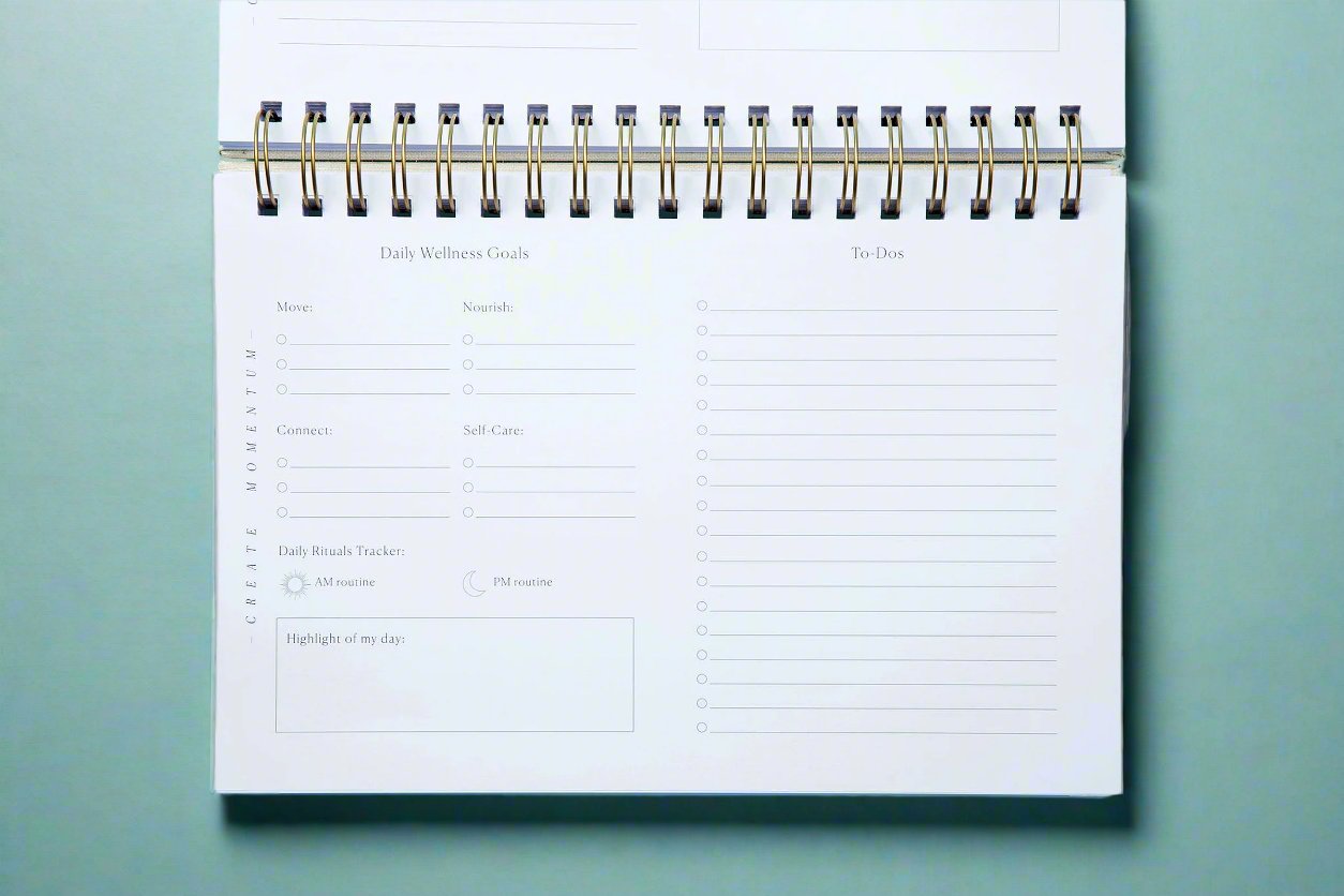 The Daily, a wellness journal and daily planner, create momentum daily page