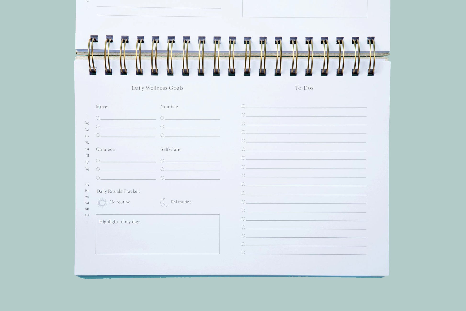 The Daily, a wellness journal and daily planner, create momentum daily page