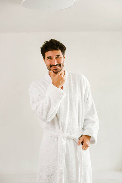 man wearing Sunday Citizen Cascais Bath Robe white color