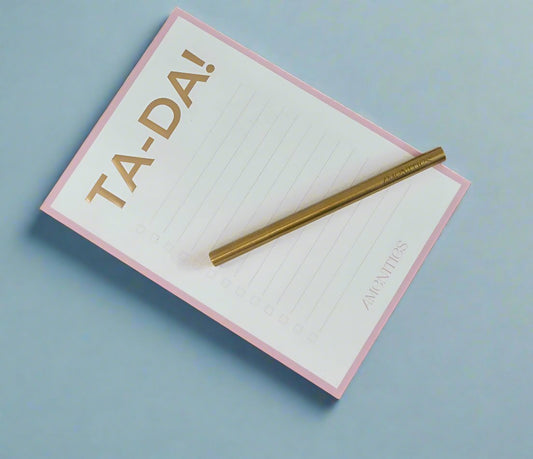 Minimalistic checklist in sweet bloom pink color. Big gold Ta-Da! at the top of the page