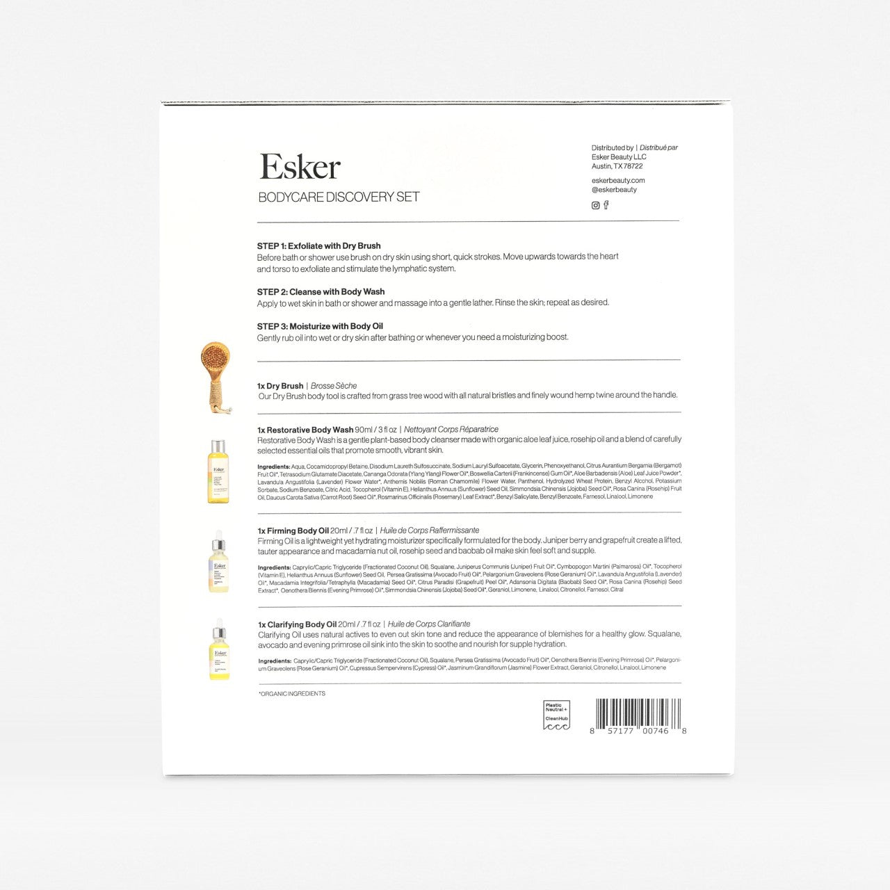 Esker Bodycare Discovery Set with dry brush and body oils details